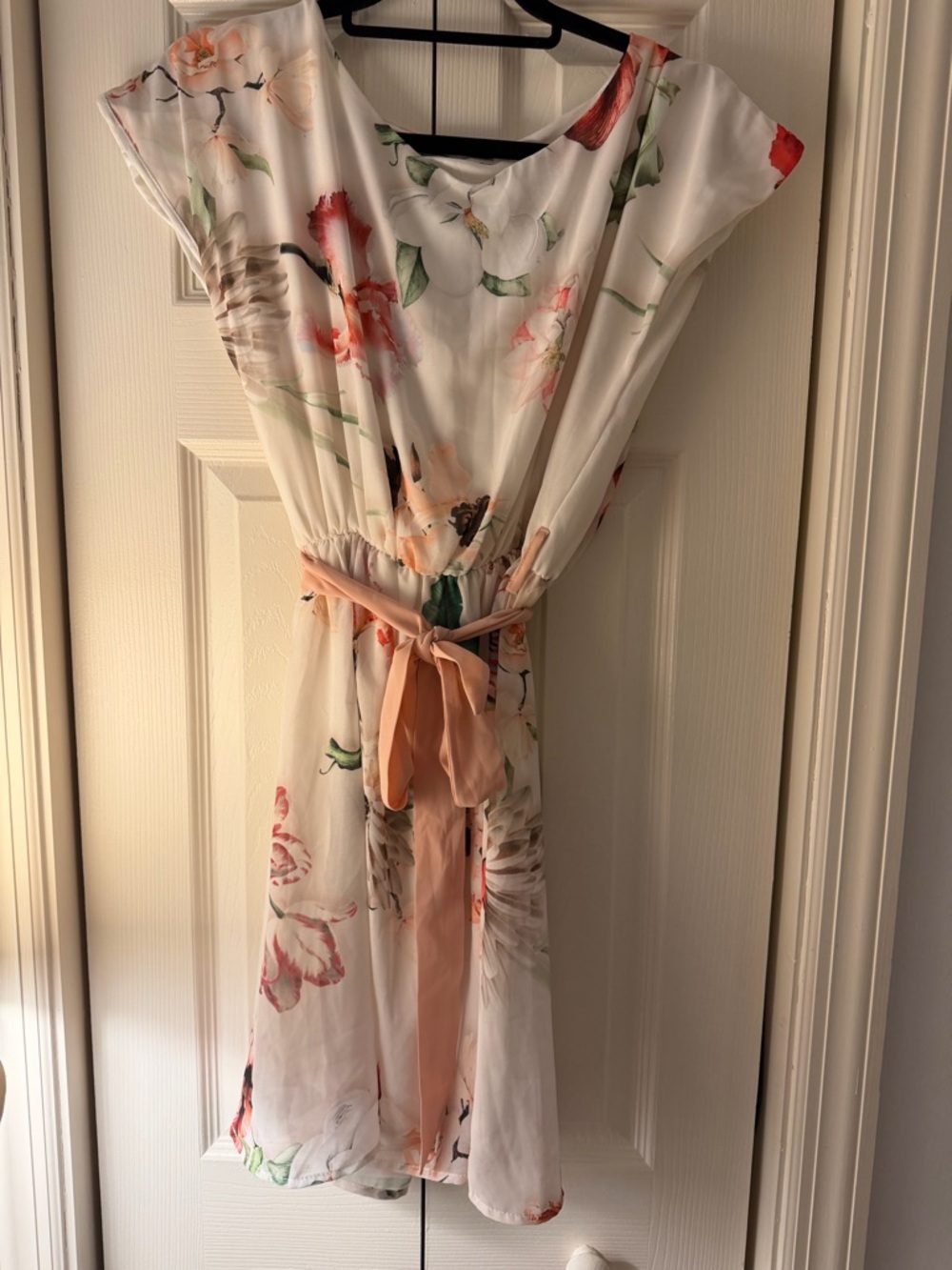 White Floral Tie-Waist Dress with Peach Sash